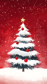 Snow-covered fir with red baubles on scarlet winter sky