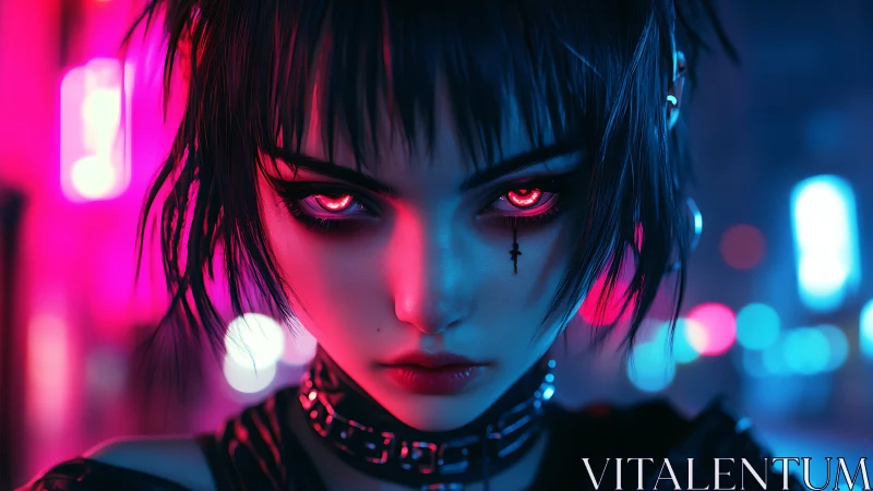 Cybernetic-eyed figure in neon-lit urban night setting.