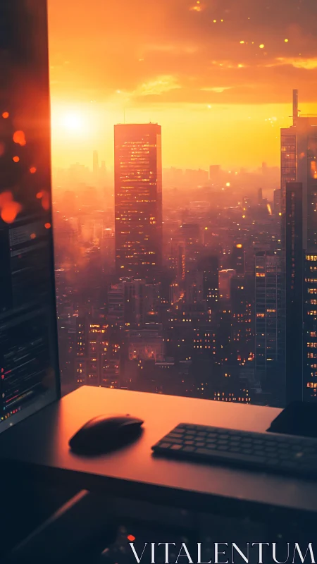 Sunlit coder&rsquo;s workspace overlooks glowing high-rise skyline