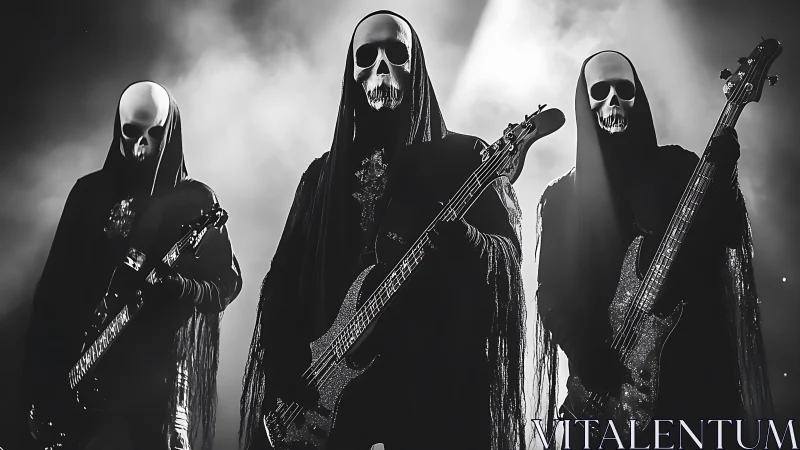 Skeletal masked metal trio with bass guitars on stage