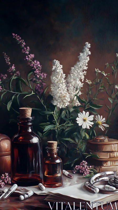 Herbal apothecary still life with amber vials and blossoms