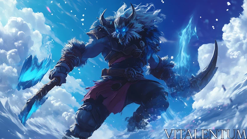 Glacial war-beast warrior with bioluminescent arc weapons.