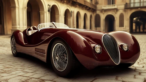 Vintage burgundy roadster glows under warm courtyard light.