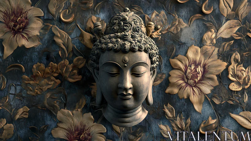 Bronze Buddha relief head integrated with ornate floral bas‑relief