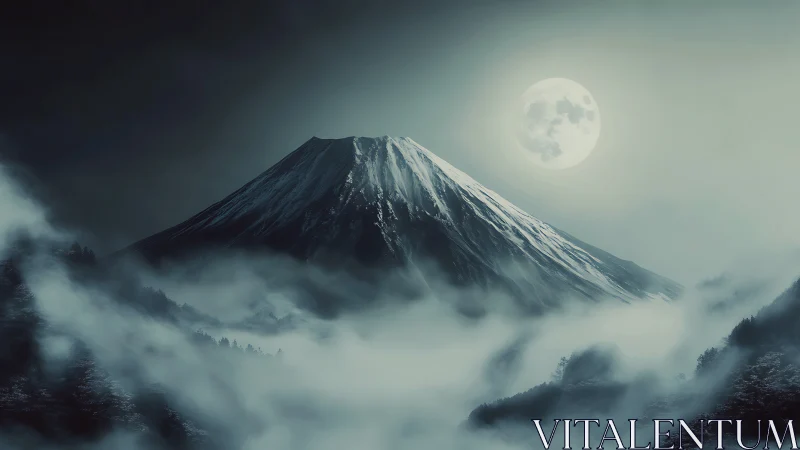 Snowcapped mountain rises through dense moonlit mist
