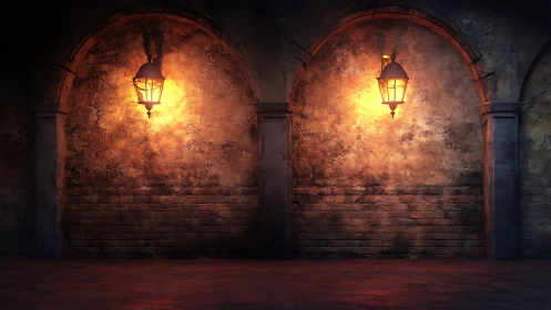 Warm lantern light gently brightens a quiet stone arcade