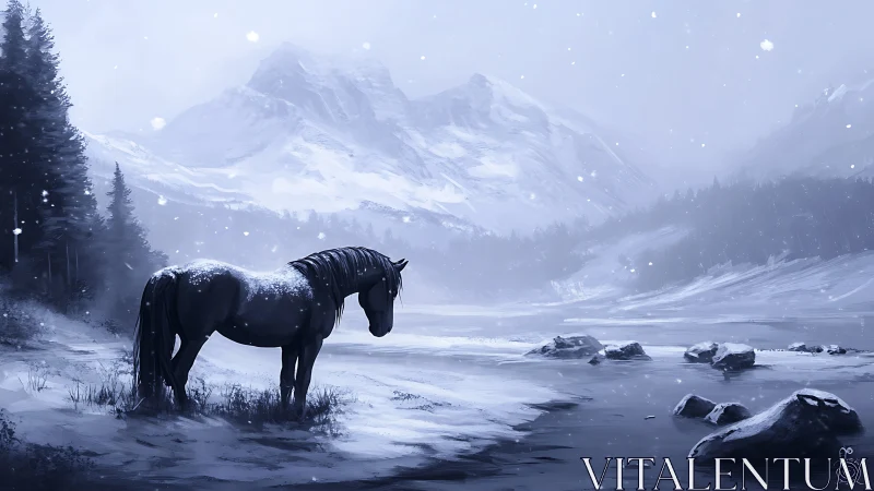 Solitary horse beside a quiet snowy mountain river.