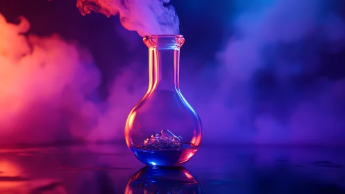 Glass chemistry flask with vapor in neon studio light.