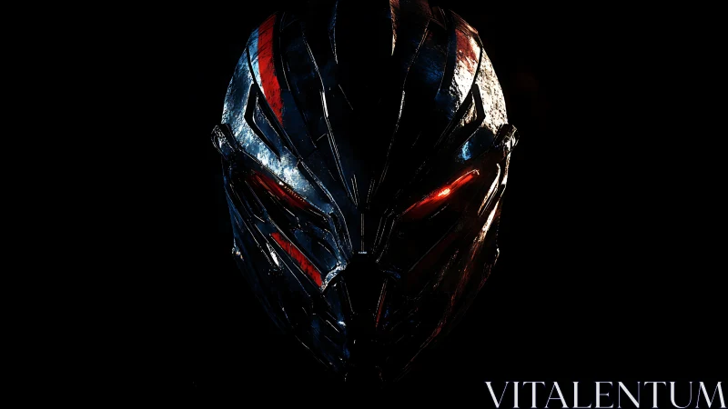 Brooding cyber mask with molten red battle glimmers.