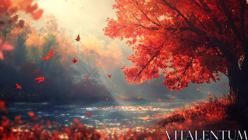 Digital landscape shows autumn foliage beside calm river