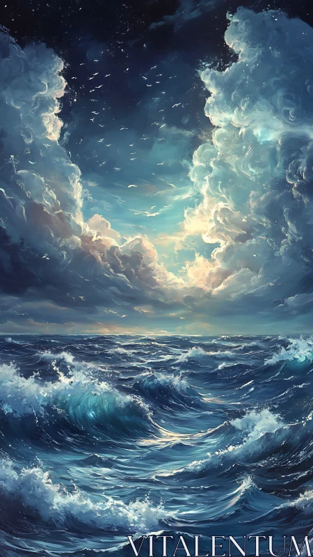 Storm-tossed ocean meets luminous sky window at dusk