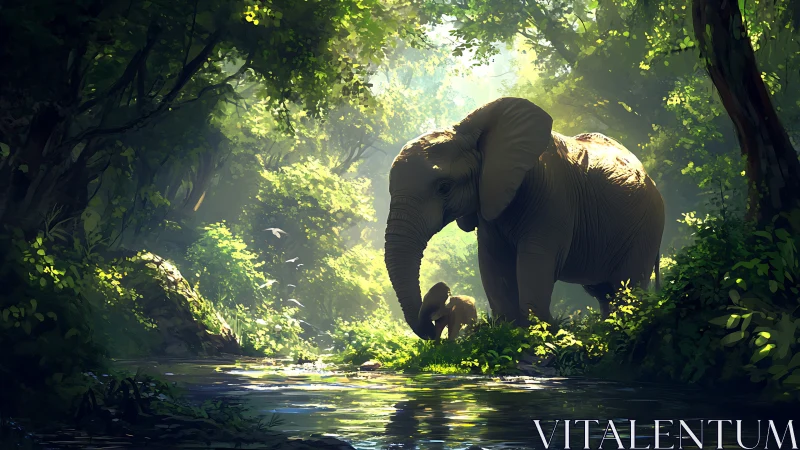 Elephant mother and calf walking through sunlit forest stream.