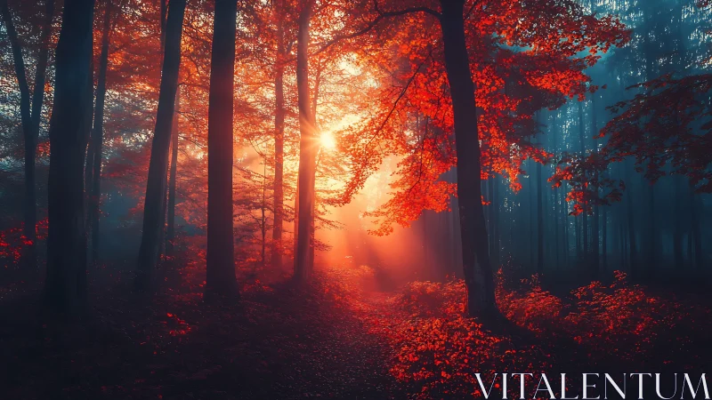 Golden Sunset Illuminates Autumn Forest Pathway
