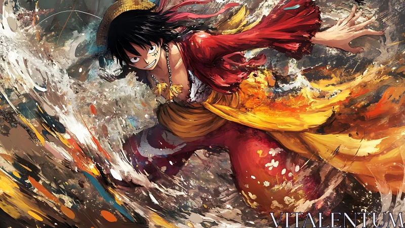 Dynamic anime swordsman in red robes amid abstract motion.