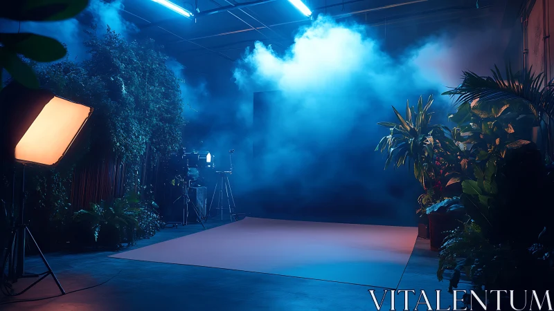 Biophilic studio set with volumetric blue haze and key lighting.