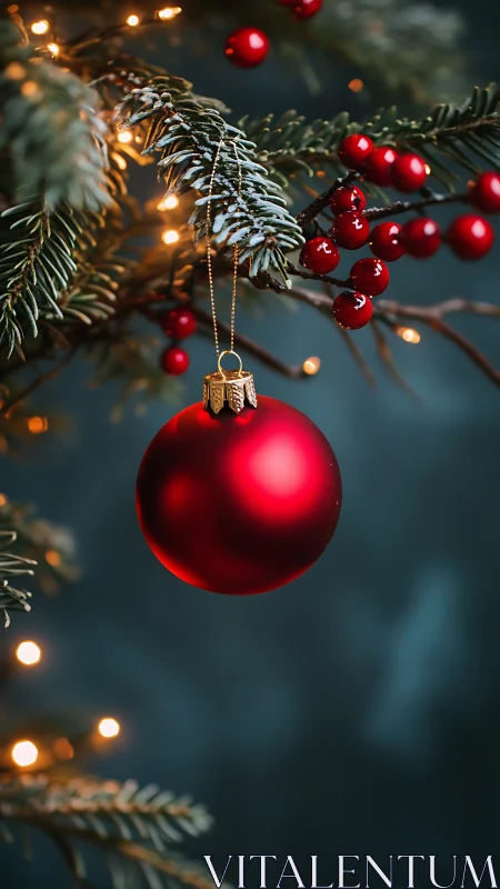 Cozy red Christmas ornament glowing on frosted pine branch.