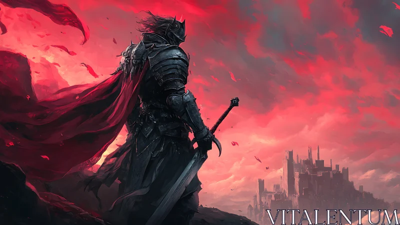 Dark knight silhouette against crimson storm sky panorama.