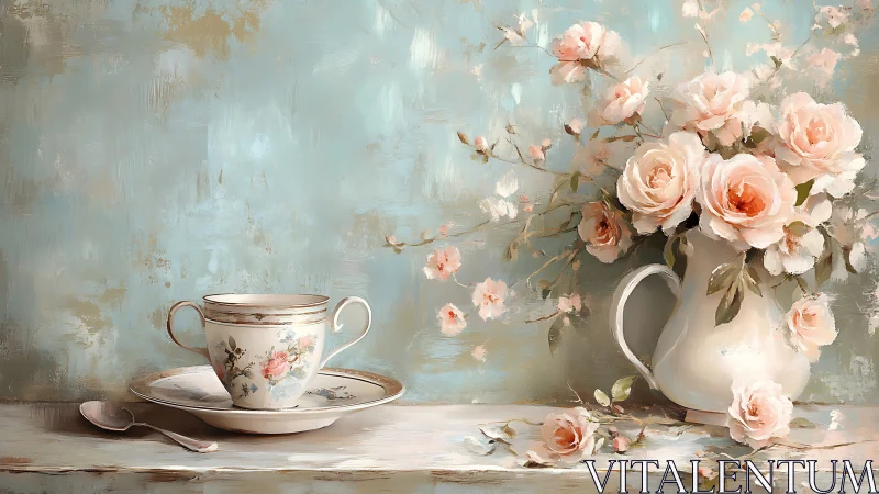 Porcelain teacup quietly converses with blushing garden roses