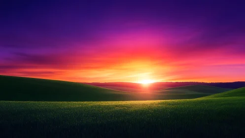 Vivid digital sunset over rolling green countryside hills.