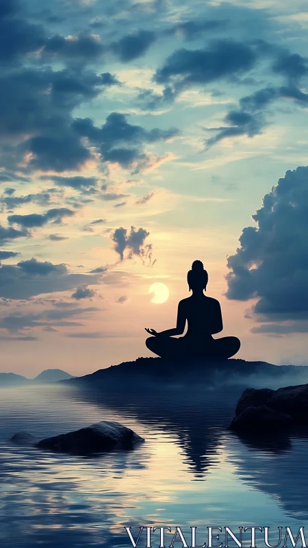 Silhouetted meditator over lunar-reflective lake at dusk.