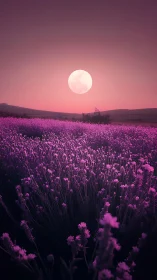 Digital painting of lavender field under magenta moonrise.
