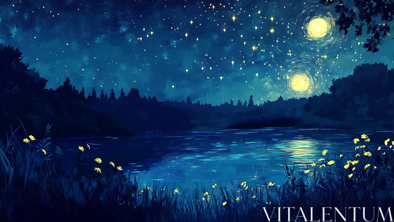 Starry twin-moon night sky over calm reflective lake scene.