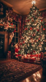 Illuminated living room Christmas tree with gifts and decor