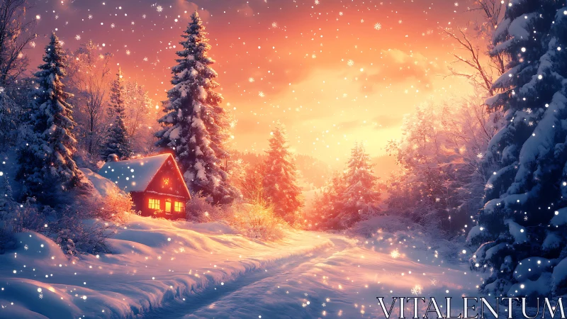 Snow-laden forest cabin under warm sunset gradient lighting