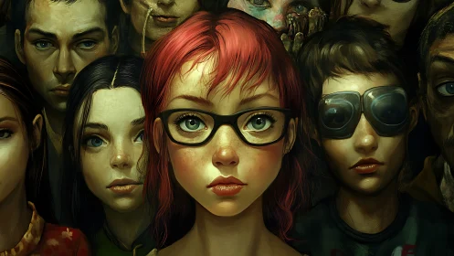Red-haired girl with glasses stands out in surreal crowd.