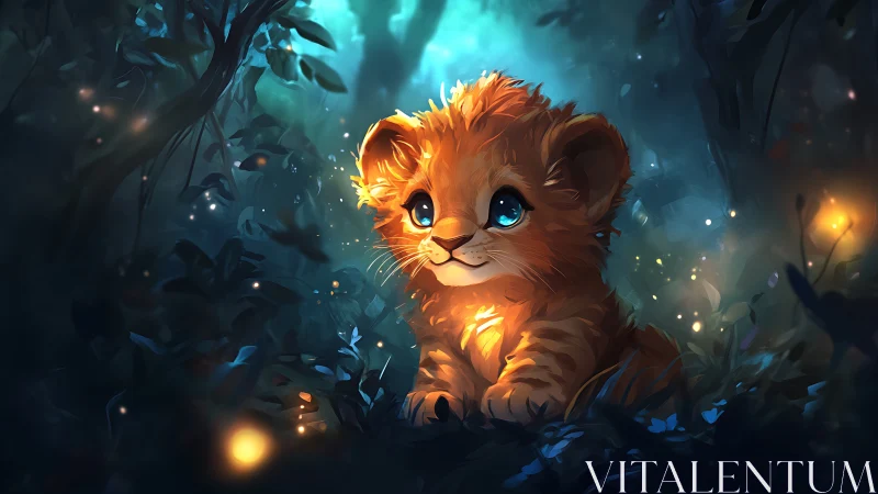 Glowing-eyed lion cub resting in softly lit forest night.