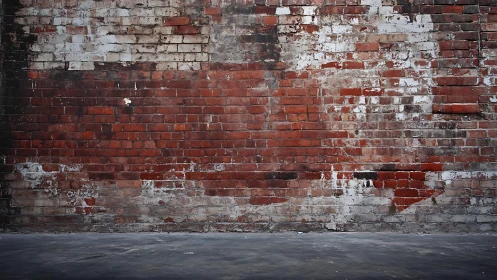 Weathered red brick wall with peeling white paint and concrete