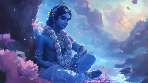 Blue divine figure rests by luminous river in petals