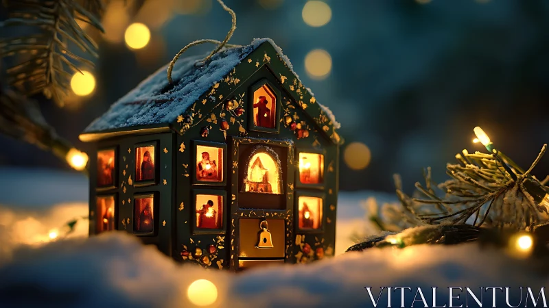 Miniature snow-covered lantern house glows in shallow depth of field