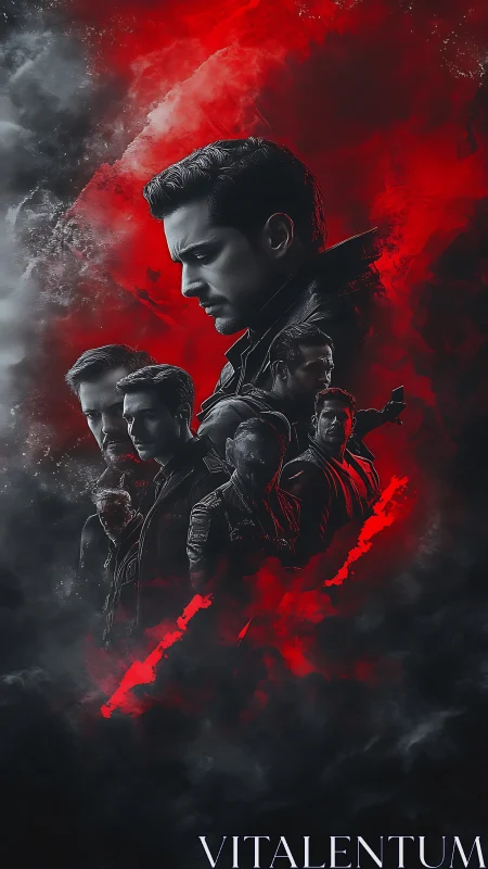 Smoldering red and shadowy portraits create dramatic tension