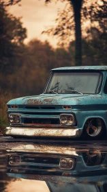 Rust kissed blue truck dreaming by a mirror still puddle.