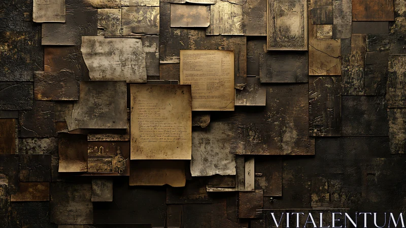 Aged manuscript collage on distressed metallic archival panels