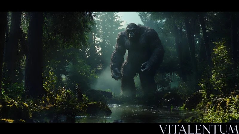 Colossal gorilla emerges through misted forest clearing at dawn