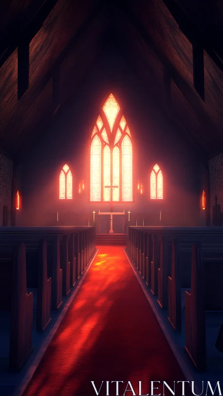 Sanctuary aisle glowing under stained glass sunset light.