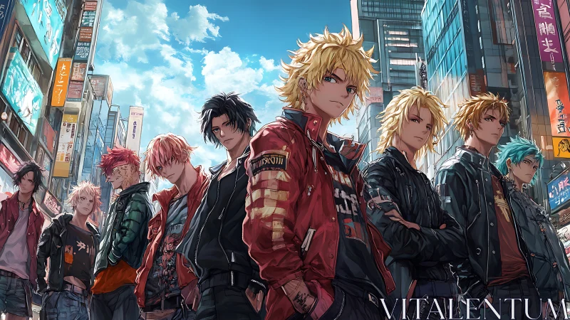 Street gang lineup dominates neon city intersection scene