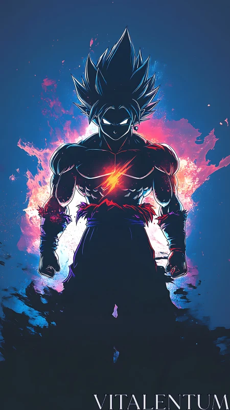 Silhouetted energy warrior with glowing chest core illustration.