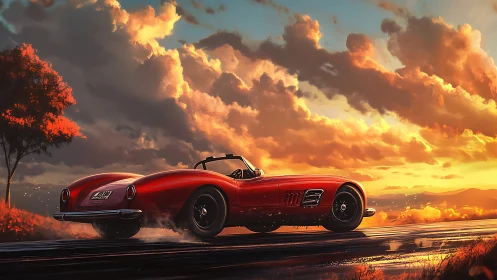 Red classic roadster speeding along wet highway at sunset.