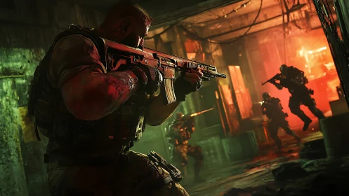 Battle-worn soldier carves neon-lit paths through chaos fire