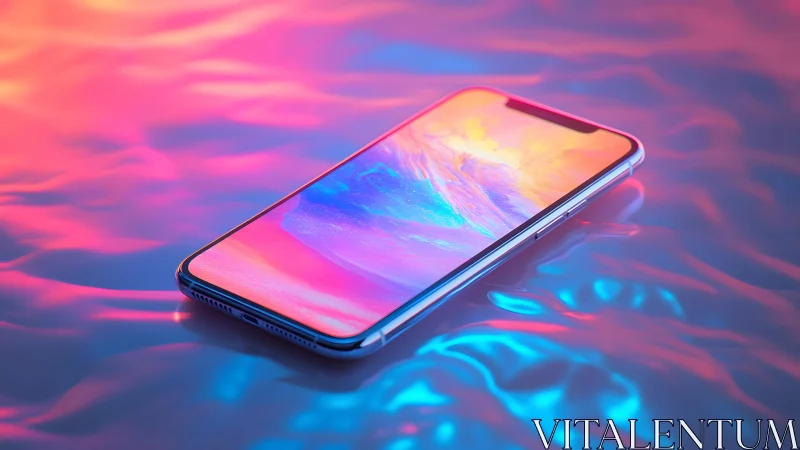 Modern smartphone on iridescent surface in vibrant neon colors.