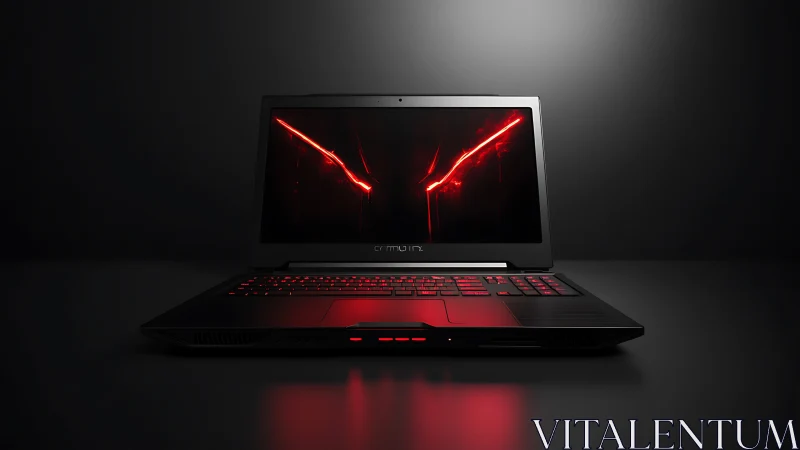 Gaming laptop renders aggressive red-lit interface on desk