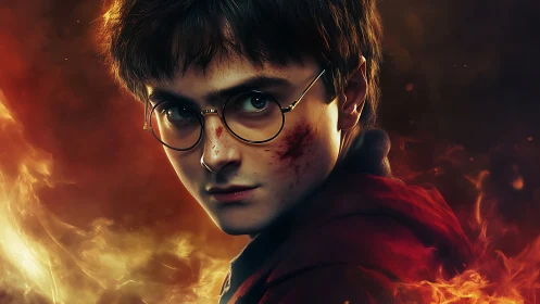 Young wizard in swirling firelight with determined gaze.