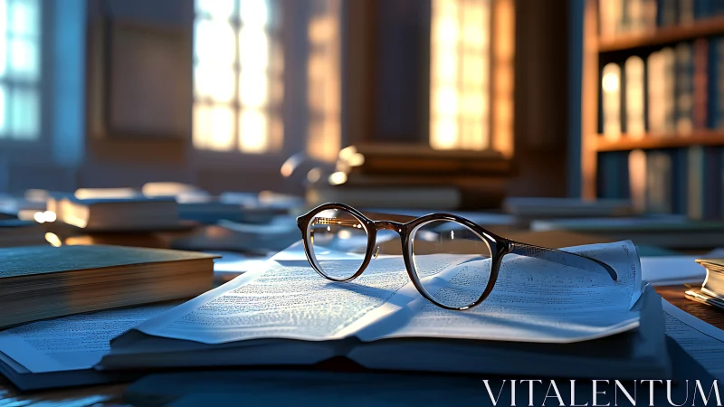 Reading glasses rest on open book in warm library light