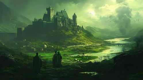 Medieval hilltop fortress overlooking river valley landscape.