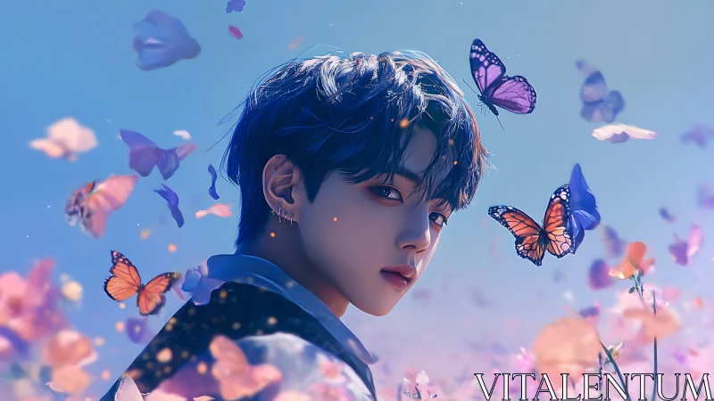 Starlit youth surrounded by butterfly dreams at dusk.