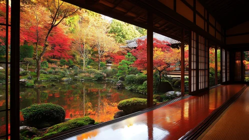 Traditional tatami room overlooking autumn garden pond scene.