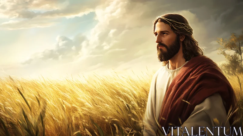 Figure in robe standing in sunlit wheat field under clouds.